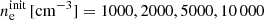 $ n_{\mathrm{e}}^{\mathrm{init}}\,[\mathrm{cm}^{-3}] = 1000, 2000, 5000, 10\,000 $