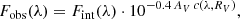 $$ \begin{aligned} F_{\mathrm{obs}}(\lambda ) = F_{\mathrm{int}}(\lambda ) \cdot 10^{-0.4 \, A_V\, c(\lambda , R_V)}, \end{aligned} $$