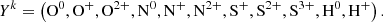 $$ \begin{aligned} Y^k =\left(\mathrm{O}^0, \mathrm{O}^+, \mathrm{O}^{2+}, \mathrm{N}^0, \mathrm{N}^+, \mathrm{N}^{2+}, \mathrm{S}^+, \mathrm{S}^{2+}, \mathrm{S}^{3+}, \mathrm{H}^0, \mathrm{H}^+ \right). \end{aligned} $$