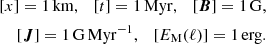 $$ \begin{aligned}{[x]} = 1\,\mathrm{km}, \quad [t] = 1\,\mathrm{Myr}, \quad [\boldsymbol{B}] = 1\,\mathrm{G},\nonumber \\ \quad [\boldsymbol{J}] = 1\,\mathrm{G\,Myr}^{-1}, \quad [E_{\rm M}(\ell )] = 1\,\mathrm{erg}. \end{aligned} $$