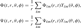 $$ \begin{aligned} \Phi (t,r,\theta ,\phi )&= \frac{1}{r}\sum _{\ell m} \Phi _{\ell m}(r,t) Y_{\ell m}(\theta ,\phi ), \nonumber \\ \Psi (t,r,\theta ,\phi )&= \frac{1}{r}\sum _{\ell m} \Psi _{\ell m}(r,t) Y_{\ell m}(\theta ,\phi ), \end{aligned} $$
