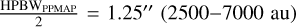 $\[\frac{\text { HPBW}_{\text {PPMAP}}}{2}=1.25^{\prime \prime}~(2500{-}7000 ~\mathrm{au})\]$