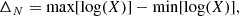 $$ \begin{aligned} \Delta _N = \mathrm{max}[\log (X)] - \mathrm{min}[\log (X)], \end{aligned} $$