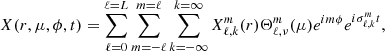 $$ \begin{aligned} X(r,\mu ,\phi ,t)=\sum _{\ell =0}^{\ell =L} \sum _{m=-\ell }^{m=\ell } \sum _{k=-\infty }^{k=\infty } X_{\ell ,k}^{m}(r)\Theta _{\ell ,\nu }^m(\mu )e^{im\phi } e^{i\sigma _{\ell ,k}^{m} t} , \end{aligned} $$