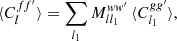 $$ \begin{aligned} \langle {C_l^{ff^{\prime }}}\rangle = \sum _{l_1} M_{ll_1}^{ww^{\prime }} \, \langle {C_{l_1}^{gg^{\prime }}}\rangle , \end{aligned} $$