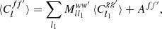 $$ \begin{aligned} \langle {C_l^{ff^{\prime }}}\rangle = \sum _{l_1} M_{ll_1}^{ww^{\prime }} \, \langle {C_{l_1}^{gg^{\prime }}}\rangle + A^{ff^{\prime }}, \end{aligned} $$