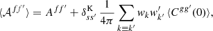 $$ \begin{aligned} \langle {\mathcal{A} ^{ff^{\prime }}}\rangle = A^{ff^{\prime }} + \delta ^\mathrm{K}_{ss^{\prime }} \, \frac{1}{4\pi } \sum _{k \equiv k^{\prime }} w_k w^{\prime }_{k^{\prime }} \, \langle {C^{gg^{\prime }}(0)}\rangle , \end{aligned} $$