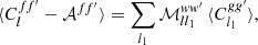 $$ \begin{aligned} \langle {C_l^{ff^{\prime }} - \mathcal{A} ^{ff^{\prime }}}\rangle = \sum _{l_1} \mathcal{M} ^{ww^{\prime }}_{ll_1} \, \langle {C_{l_1}^{gg^{\prime }}}\rangle , \end{aligned} $$