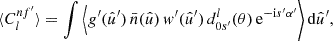 $$ \begin{aligned} \langle {C_l^{nf^{\prime }}}\rangle = \int \Big \langle {g^{\prime }(\hat{u}^{\prime }) \, \bar{n}(\hat{u}) \, w^{\prime }(\hat{u}^{\prime }) \, d^l_{0s^{\prime }}(\theta ) \, \mathrm{e}^{-\mathrm{i} s^{\prime } \alpha ^{\prime }}}\Bigg \rangle \, \mathrm{d}\hat{u}^{\prime }, \end{aligned} $$