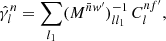 $$ \begin{aligned} \hat{\gamma }_l^{n} = \sum _{l_1} (M^{\bar{n} w^{\prime }})^{-1}_{ll_1} \, C_l^{nf^{\prime }}, \end{aligned} $$