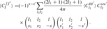 $$ \begin{aligned} \langle {C_l^{ff^{\prime }}}\rangle =&(-1)^{s-s^{\prime }} {\sum _{l_1l_2}} \frac{(2l_1+1) \, (2l_2+1)}{4\pi } \, \langle {C_{l_1}^{gg^{\prime }}}\rangle \, C_{l_2}^{ww^{\prime }} \nonumber \\&\times \begin{pmatrix} l_1&l_2&l\\ s_1&s_2&{-}s \end{pmatrix} \begin{pmatrix} l_1&l_2&l\\ s_1^{\prime }&s_2^{\prime }&{-}s^{\prime } \end{pmatrix}. \end{aligned} $$