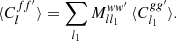 $$ \begin{aligned} \langle {C_l^{ff^{\prime }}}\rangle = \sum _{l_1} M_{ll_1}^{ww^{\prime }} \, \langle {C_{l_1}^{gg^{\prime }}}\rangle . \end{aligned} $$
