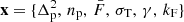 $ \mathbf{x}=\{\Delta_{\mathrm{p}}^2,\, n_{\mathrm{p}},\, {\bar{F}},\, \sigma_{\mathrm{T}},\, \gamma,\, k_{\mathrm{F}}\} $