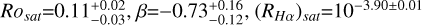 $R{o_{sat}} = 0.11_{ - 0.03}^{ + 0.02},\beta = - 0.73_{ - 0.12}^{ + 0.16},{\left( {{R_{H\alpha }}} \right)_{sat}} = {10^{ - 3.90 \pm 0.01}}$