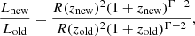 $$ \begin{aligned} \frac{L_{\rm new}}{L_{\rm old}}= \frac{R(z_{\rm new})^2 (1+z_{\rm new})^{\Gamma -2}}{R(z_{\rm old})^2 (1+z_{\rm old})^{\Gamma -2}}, \end{aligned} $$