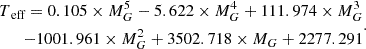 $$ \begin{aligned} \begin{split} T_\text{ eff} = 0.105 \times M_G^5 -5.622 \times M_G^4 + 111.974 \times M_G^3 \\ - 1001.961 \times M_G^2 + 3502.718 \times M_G + 2277.291 \end{split} .\end{aligned} $$