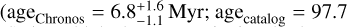 $\left( {{\rm{ age}}{{\rm{ }}_{{\rm{Chronos }}}} = 6.8_{ - 1.1}^{ + 1.6}{\rm{Myr}};{\rm{ age}}{{\rm{ }}_{{\rm{catalog }}}} = 97.7} \right.$