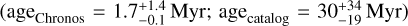 $\left( {{\rm{ age}}{{\rm{ }}_{{\rm{Chronos }}}} = 1.7_{ - 0.1}^{ + 1.4}{\rm{Myr}};{\rm{ age}}{{\rm{ }}_{{\rm{catalog }}}} = 30_{ - 19}^{ + 34}{\rm{Myr}}} \right)$