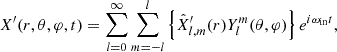 $$ \begin{aligned} X^{\prime }(r,\theta ,\varphi ,t)=\displaystyle \sum _{l=0}^{\infty }\sum _{m=-l}^{l}\left\{ \hat{X}^{\prime }_{l,m}(r) Y_{l}^{m}(\theta ,\varphi )\right\} e^{i\omega _{\rm in} t}, \end{aligned} $$
