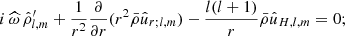 $$ \begin{aligned} i\,{\widehat{\omega }}\,\hat{\rho }^{\prime }_{l,m}+\frac{1}{r^2} \frac{\partial }{\partial r}(r^2 \bar{\rho }{\hat{u}}_{r;l,m}) -\displaystyle \frac{l(l+1)}{r}\bar{\rho }{\hat{u}}_{H,l,m} = 0 \text{;} \end{aligned} $$