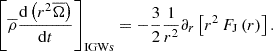 $$ \begin{aligned} \left[{\overline{\rho }}\frac{\mathrm{d}\left(r^2{\overline{\Omega }}\right)}{\mathrm{d}t}\right]_{\rm IGWs}=-\frac{3}{2}\frac{1}{r^2}\partial _{r}\left[r^2\,F_{\rm J}\left(r\right)\right]. \end{aligned} $$