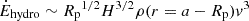 $ \dot{E}_{\mathrm{hydro}} \sim {R_{\mathrm{p}}}^{1/2}H^{3/2}\rho(r=a-{R_{\mathrm{p}}})v^3 $