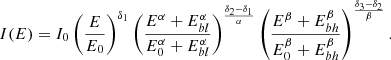 $$ \begin{aligned} I(E) = I_0 \left( \frac{E}{E_0}\right)^{\delta _1} \left( \frac{E^\alpha +E^\alpha _{bl}}{E^\alpha _0+E^\alpha _{bl}}\right)^\frac{\delta _2-\delta _1}{\alpha } \left(\frac{E^\beta + E^\beta _{bh}}{E^\beta _0+E^\beta _{bh}}\right)^\frac{\delta _3-\delta _2}{\beta }. \end{aligned} $$