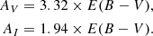 $$ \begin{aligned} \begin{aligned} A_V&= 3.32 \times E(B-V), \\ A_I&= 1.94 \times E(B-V). \end{aligned} \end{aligned} $$