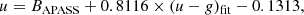 $$ \begin{aligned} u = B_{\rm APASS} + 0.8116 \times (u-g)_{\rm fit}- 0.1313, \end{aligned} $$