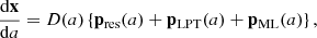 $$ \begin{aligned} \dfrac{\mathrm{d} \mathbf x }{\mathrm{d} a}&= {D}(a) \left\{ \mathbf p _\mathrm{res} (a) + \mathbf p _\mathrm{LPT} (a) + \mathbf p _\mathrm{ML} (a) \right\} , \end{aligned} $$