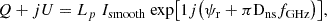 $$ \begin{aligned} Q + jU = L_p\ I_{\rm smooth}\ \mathrm{exp} \big [ 1j \big ( \psi _{\rm r} + \pi \mathrm{D}_{\rm ns}f_{\rm GHz} \big ) \big ], \end{aligned} $$
