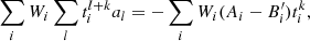 $$ \begin{aligned} \sum _i W_i \sum _l t_i^{l+k} a_l = -\sum _i W_i (A_i - B^{\prime }_i) t_i^k , \end{aligned} $$