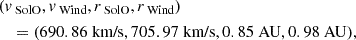 $$ \begin{aligned}&(v_{\text{ SolO}},v_{\text{ Wind}},r_{\text{ SolO}},r_{\text{ Wind}})\\&\quad =(690.86 \text{ km/s},705.97 \text{ km/s},0.85 \text{ AU},0.98 \text{ AU}) , \end{aligned} $$