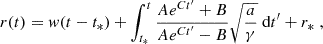 $$ \begin{aligned} r(t) = w(t-t_*)+\int _{t_*}^t\frac{Ae^{Ct^{\prime }}+B}{Ae^{Ct^{\prime }}-B}\sqrt{\frac{a}{\gamma }}\text{ d}t^{\prime }+r_*\;, \end{aligned} $$