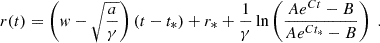 $$ \begin{aligned} r(t) = \left(w-\sqrt{\frac{a}{\gamma }}\right)(t-t_*)+r_*+\frac{1}{\gamma }\ln \left(\frac{Ae^{Ct}-B}{Ae^{Ct_*}-B}\right)\;. \end{aligned} $$