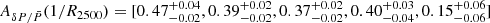$ A_{\delta P / \bar{P}}(1/R_{2500}) = [0.47^{+0.04}_{-0.02}, 0.39^{+0.02}_{-0.02}, 0.37^{+0.02}_{-0.02}, 0.40^{+0.03}_{-0.04}, 0.15^{+0.06}_{-0.06}] $