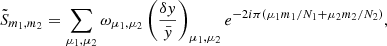 $$ \begin{aligned} \tilde{S}_{m_1,m_2} = \sum _{\mu _1,\mu _2} \omega _{\mu _1, \mu _2} \left(\frac{\delta { y}}{\bar{{ y}}}\right)_{\mu _1, \mu _2} e^{-2 i \pi \left(\mu _1 m_1 / N_1 + \mu _2 m_2/N_2\right)}, \end{aligned} $$