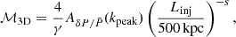 $$ \begin{aligned} \mathcal{M} _{\rm 3D} = \frac{4}{\gamma } A_{\delta P / \bar{P}}(k_{\rm peak}) \left(\frac{L_{\rm inj}}{500 \,\mathrm{kpc}}\right)^{-s}, \end{aligned} $$