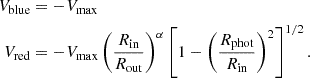 $$ \begin{aligned} V_{\rm blue}&= -V_{\rm max}\nonumber \\ V_{\rm red}&= -V_{\rm max} \left(\frac{R_{\rm in}}{R_{\rm out}}\right)^\alpha \left[1 - \left(\frac{R_{\rm phot}}{R_{\rm in}}\right)^2\right]^{1/2}. \end{aligned} $$