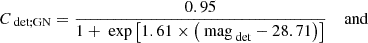 $$ \begin{aligned} C_{\text{ det;GN}}&= \frac{0.95}{1 + \text{ exp}\left[1.61\times \left(\text{ mag}_{\text{ det}}-28.71\right)\right]}\quad \text{ and} \end{aligned} $$