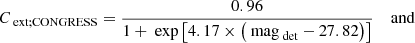 $$ \begin{aligned} C_{\text{ ext;CONGRESS}}&= \frac{0.96}{1 + \text{ exp}\left[4.17\times \left(\text{ mag}_{\text{ det}}-27.82\right)\right]} \quad \text{ and} \end{aligned} $$