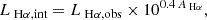 $$ \begin{aligned} L_{\text{ H}\alpha \text{,int}}=L_{\text{ H}\alpha \text{,obs}}\times 10^{0.4\, A_{\text{ H}\alpha }}, \end{aligned} $$