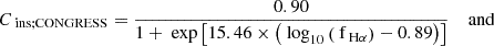 $$ \begin{aligned} C_{\text{ ins;CONGRESS}}&= \frac{0.90}{1 + \text{ exp}\left[15.46\times \left(\text{ log}_{10}\left(\text{ f}_{\text{ H}\alpha }\right)-0.89\right)\right]}\quad \text{ and} \end{aligned} $$