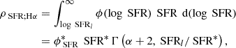 $$ \begin{aligned} \begin{split} \rho _{\text{ SFR;H}\alpha }&=\int _{\log \text{ SFR}_l}^\infty \phi (\log \text{ SFR})\, \text{ SFR}\,\text{ d}(\log \text{ SFR})\\&=\phi _{\text{ SFR}}^*\, \text{ SFR}^*\,\Gamma \left(\alpha +2,\text{ SFR}_l/\text{ SFR}^*\right), \end{split} \end{aligned} $$