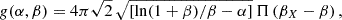$$ \begin{aligned} g(\alpha ,\beta ) = 4 \pi \sqrt{2}\,\sqrt{\left[\ln (1+\beta )/\beta -\alpha \right]} \,\Pi \left(\beta _X-\beta \right), \end{aligned} $$