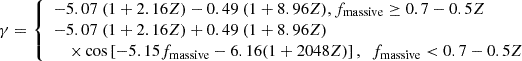 $$ \begin{aligned} \gamma = {\left\{ \begin{array}{ll} -5.07~(1+2.16 Z) - 0.49~(1+8.96 Z), f_{\rm massive} \ge 0.7 - 0.5Z\\ -5.07~(1+2.16 Z) + 0.49~(1+8.96 Z) \\ \ \ \ \ \times \cos \left[-5.15 f_{\rm massive} - 6.16 (1 + 2048 Z)\right], \ \ f_{\rm massive} < 0.7 - 0.5Z \end{array}\right.} \end{aligned} $$
