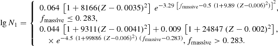 $$ \begin{aligned} \lg N_1 = {\left\{ \begin{array}{ll} 0.064~\left[1 + 8166(Z-0.0035)^2\right] ~ e^{-3.29~\left[f_{\rm massive} - 0.5~(1 + 9.89~(Z-0.006)^2)\right]^2},\\ f_{\rm massive}\le 0.283, \\ 0.044~\left[1 + 9311(Z-0.0041)^2\right] + 0.009~\left[1 + 24847~(Z-0.002)^2\right], \\ \ \ \ \ \times ~ e^{-4.5~(1 + 99886~(Z-0.006)^2) ~(f_{\rm massive} - 0.283)}, f_{\rm massive} > 0.283. \end{array}\right.} \end{aligned} $$