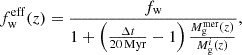 $$ \begin{aligned} f_{\rm w}^\mathrm{eff}(z) = \frac{f_{\rm w}}{1 + \left( \frac{\Delta t}{20\,\mathrm{Myr}} - 1\right) \frac{M_{\rm g}^\mathrm{mer}(z)}{M_{\rm g}^i(z)}} ,\end{aligned} $$