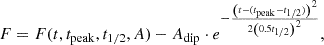 $$ \begin{aligned} F = F(t, t_{\rm peak}, t_{1/2}, A) - A_{\rm dip} \cdot e^{-\frac{\left(t - (t_{\rm peak} - t_{1/2})\right)^2}{2 \left( 0.5 t_{1/2} \right)^2}}, \end{aligned} $$