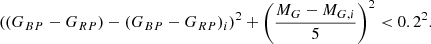 $$ \begin{aligned} \left( (G_{BP}-G_{RP}) - (G_{BP}-G_{RP})_i \right)^2 + \left( \frac{M_G - M_{G,i}}{5} \right)^2 < 0.2^2. \end{aligned} $$